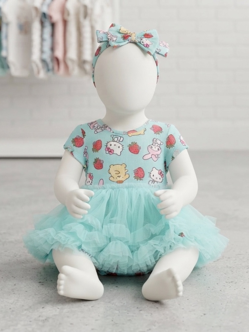 Aqua Tulle Baby Dress with Character Print and Bow Headband